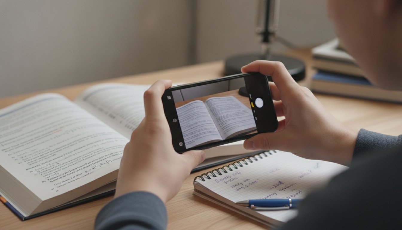 Подросток фотографирует страницу учебника с математической задачей на смартфон для распознавания нейросетью