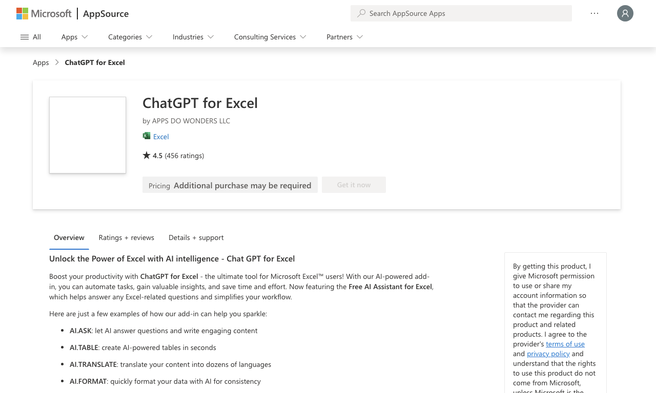 Карточка ChatGPT for Excel в каталоге Microsoft AppSource