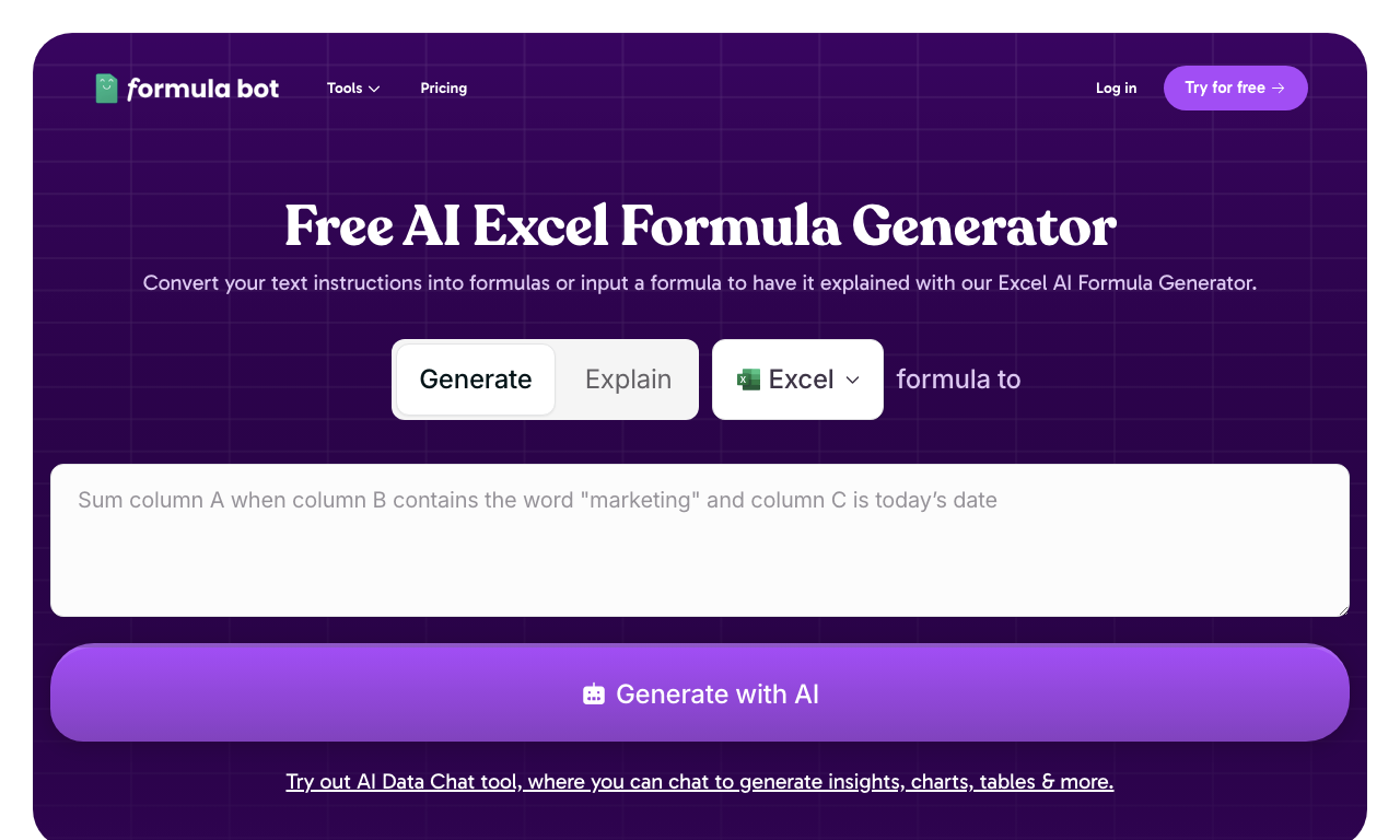 Интерфейс Excel Formula Bot — генератор формул по текстовому описанию