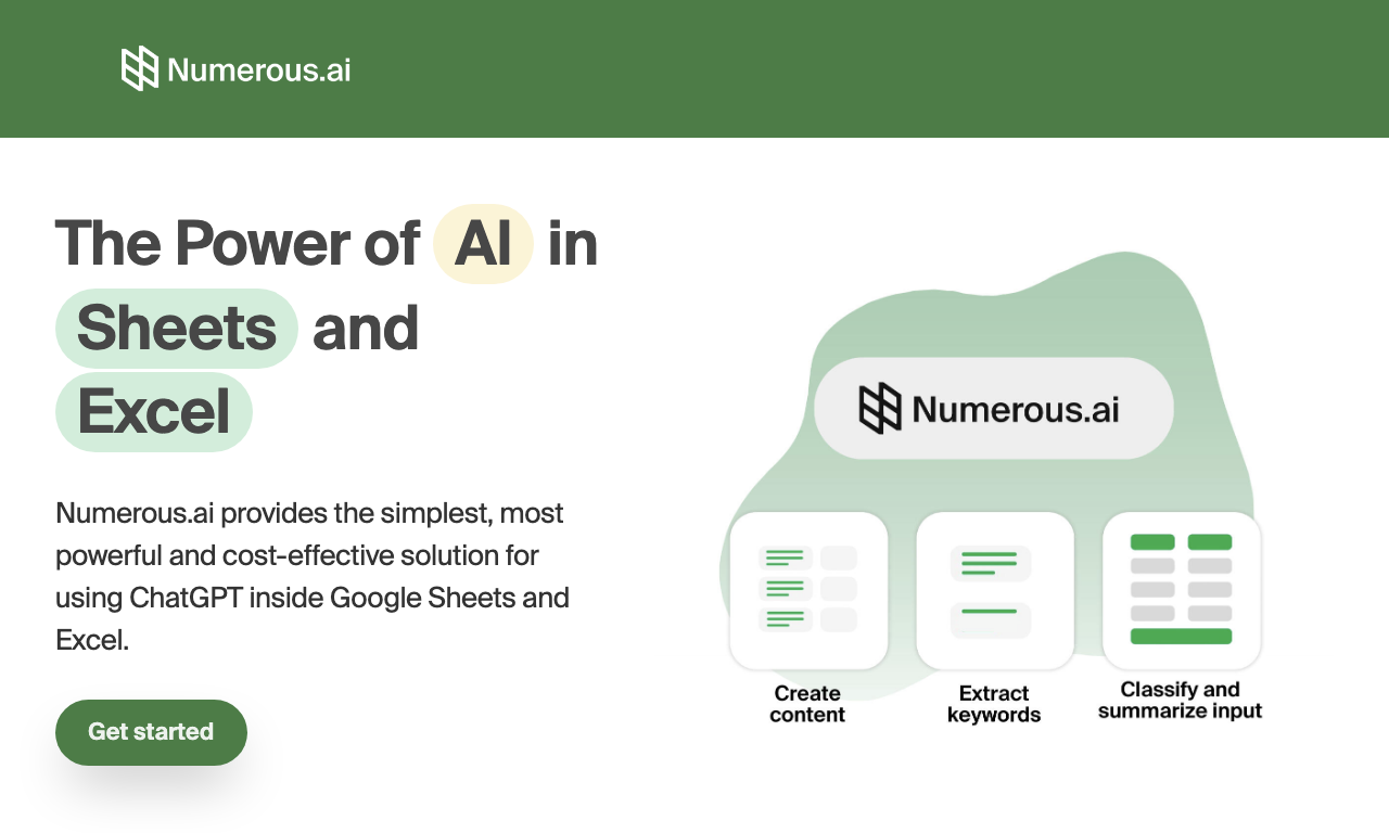 Главная страница Numerous.ai — ИИ-функции для Google Таблиц и Excel