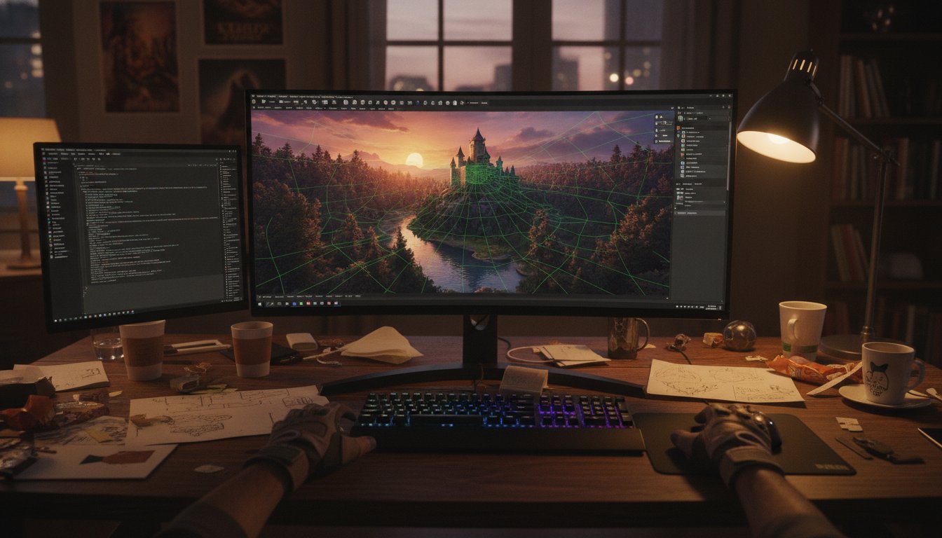 3D-сцена фэнтезийного игрового уровня с замком, лесом и рекой в редакторе игрового движка