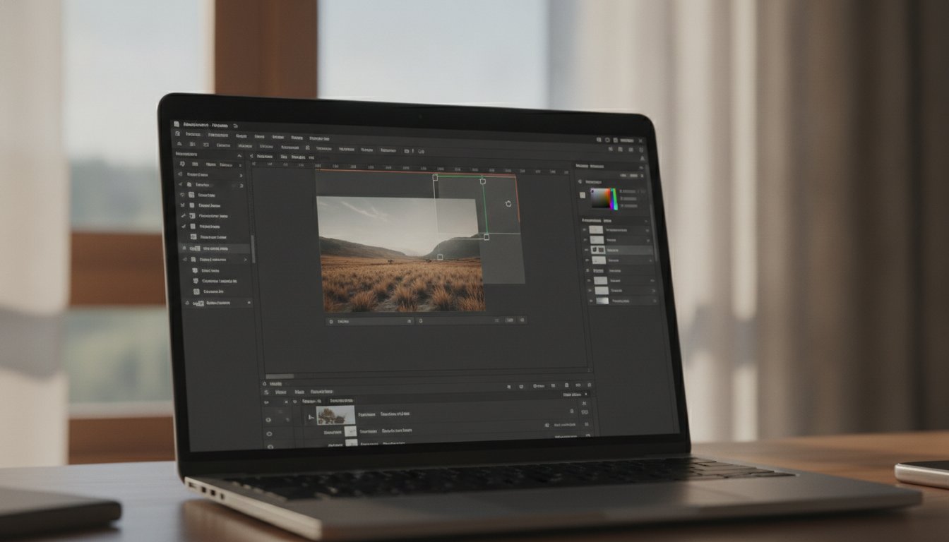 Ноутбук с интерфейсом редактирования изображения для обложки видео