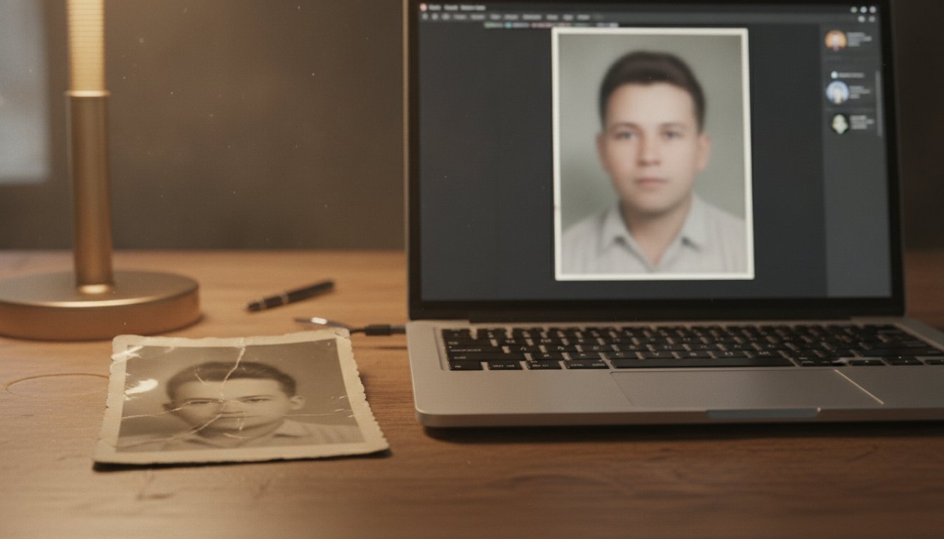 Иллюстрация: старая чёрно-белая фотография рядом с ноутбуком, на экране которого нейросеть оживляет тот же портрет