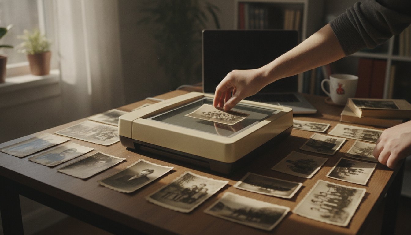 Иллюстрация: человек сканирует старые бумажные фотографии на плоском сканере дома