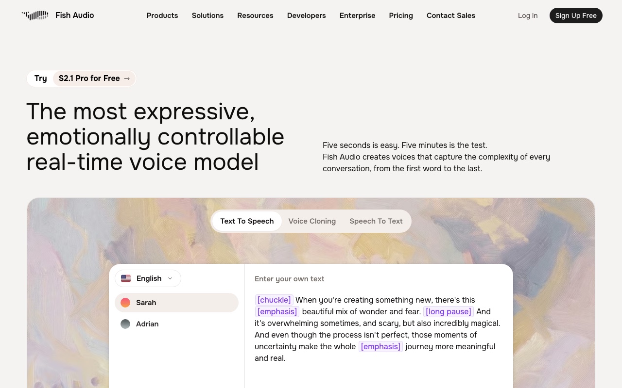 Скриншот главной страницы Fish Audio — интерфейс синтеза речи с эмоциональными тегами