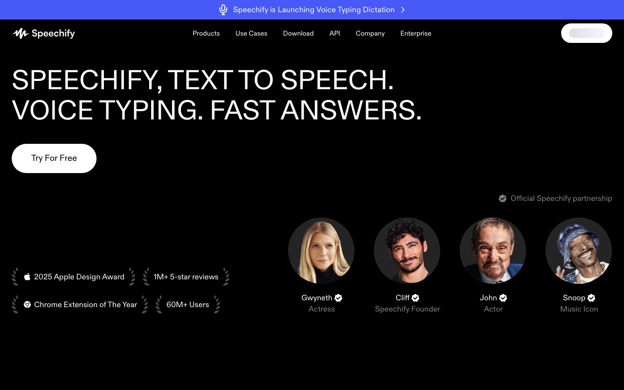 Скриншот главной страницы Speechify — сервис озвучки текста и статей