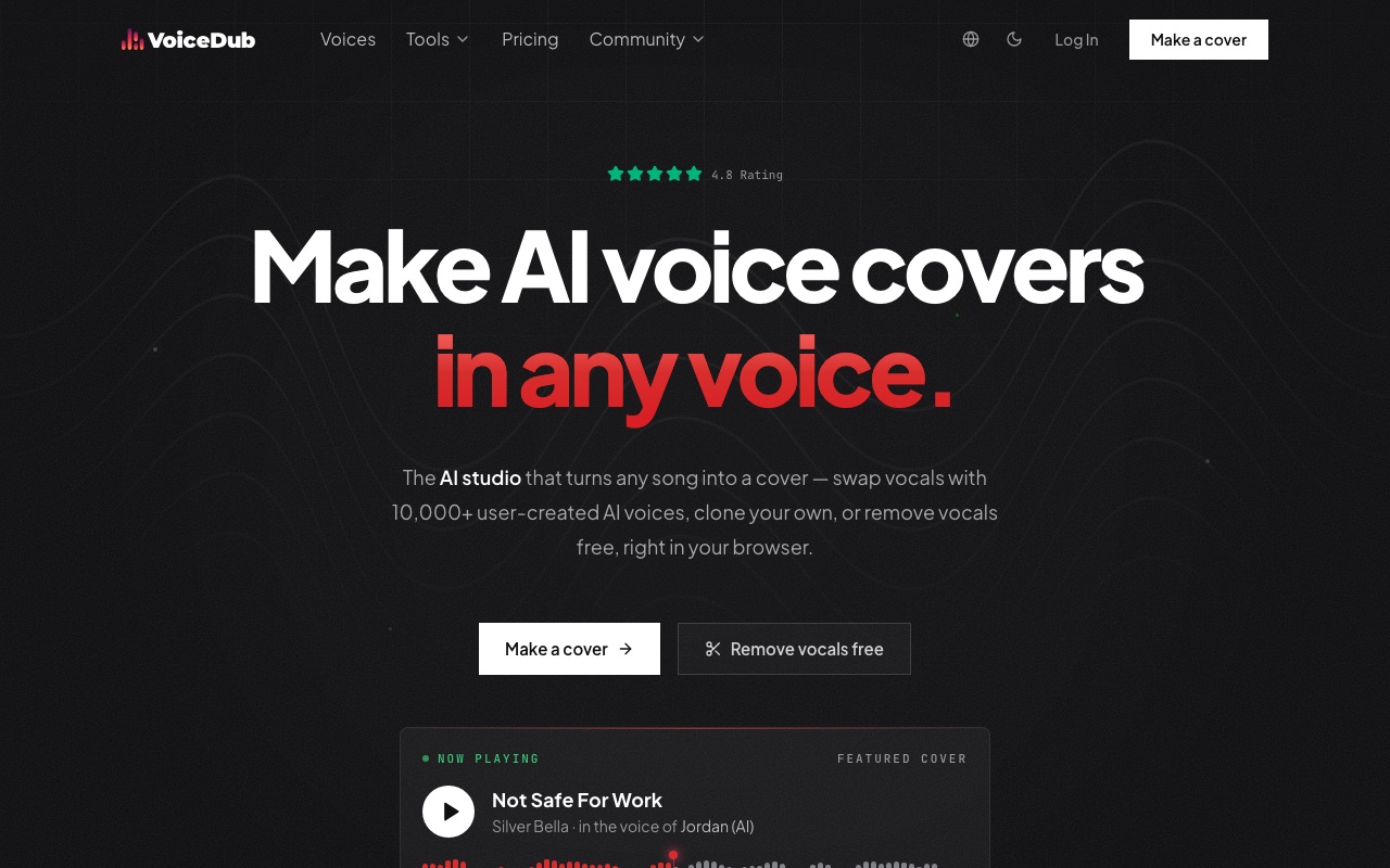 Скриншот главной страницы VoiceDub — каталог AI-голосов для каверов
