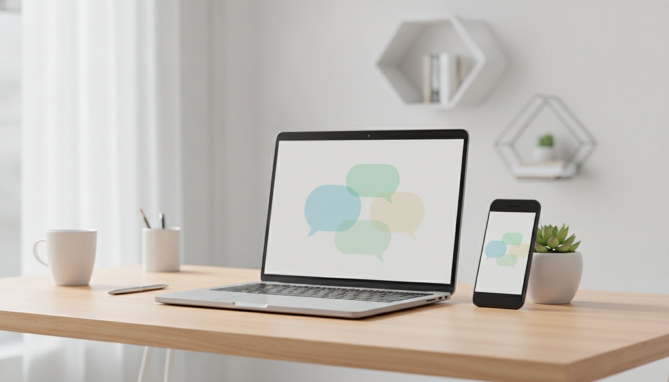 Стол с телефоном и ноутбуком для работы с нейросетью-рерайтером