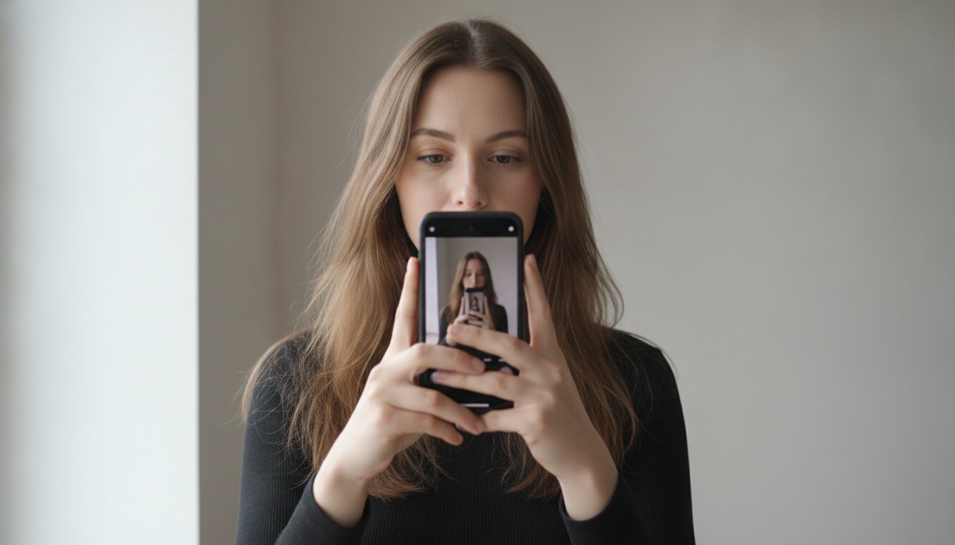 Человек фотографирует себя на смартфон анфас при мягком дневном свете для примерки причёски