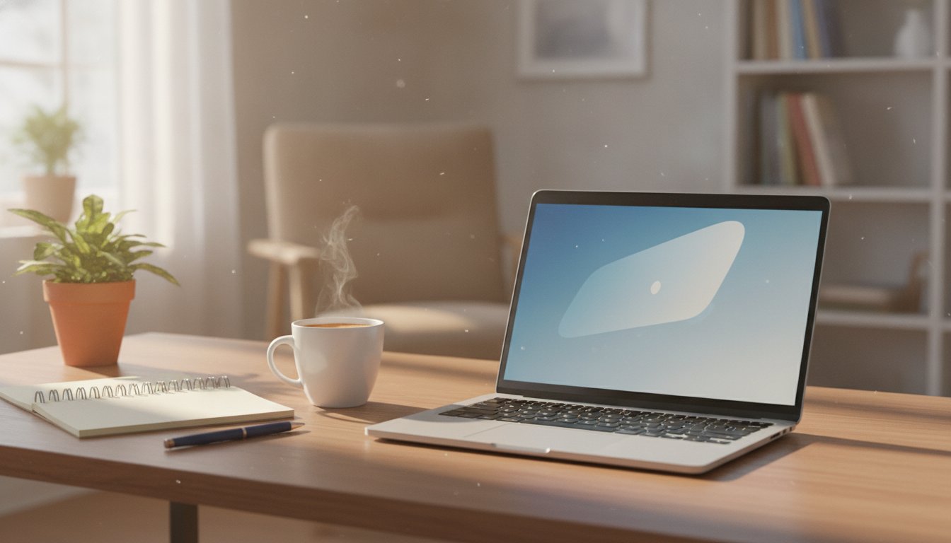 Рабочий стол с ноутбуком и чашкой кофе для общения с нейросетью
