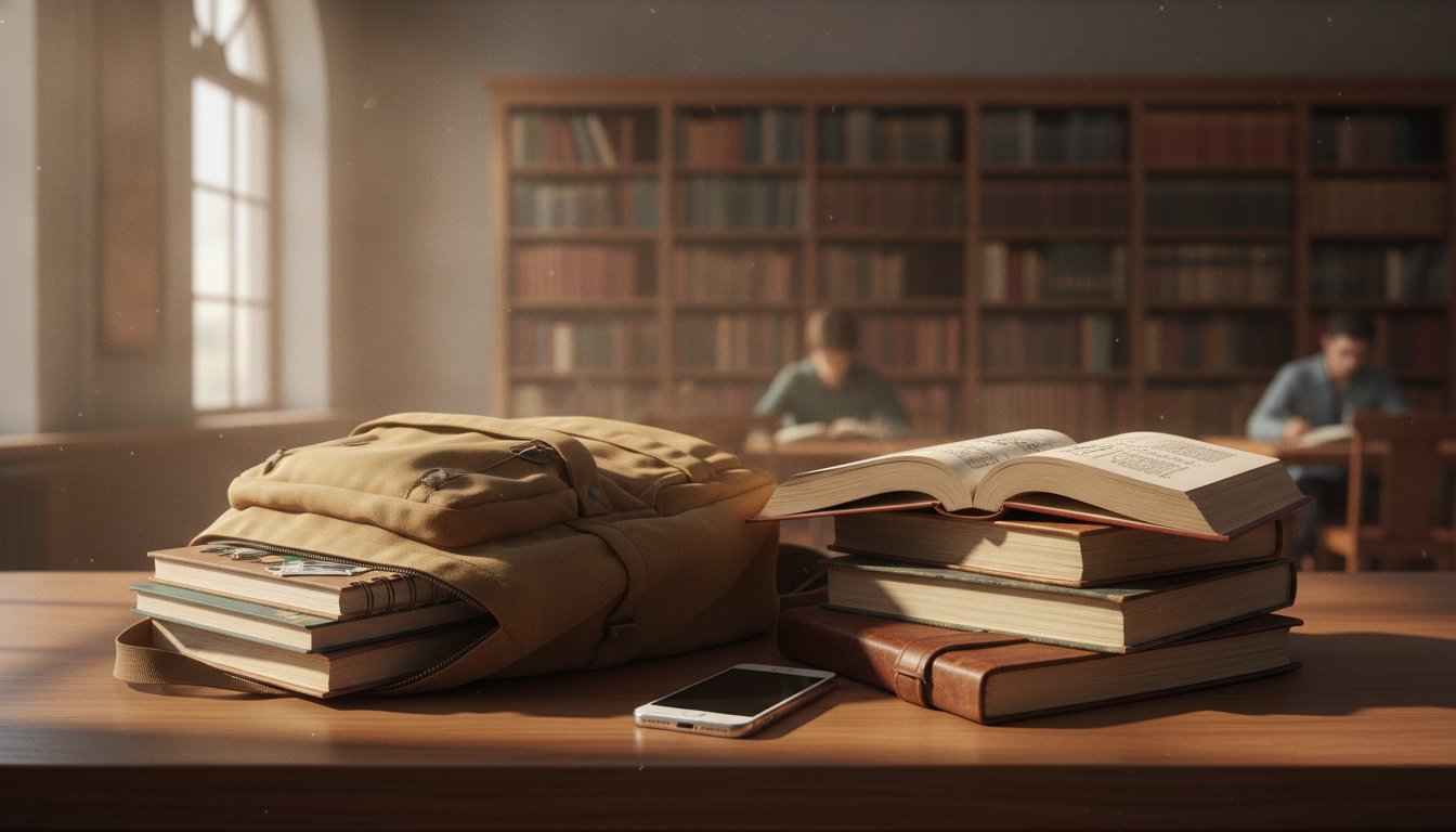 Рюкзак и книги на столе в библиотеке университета
