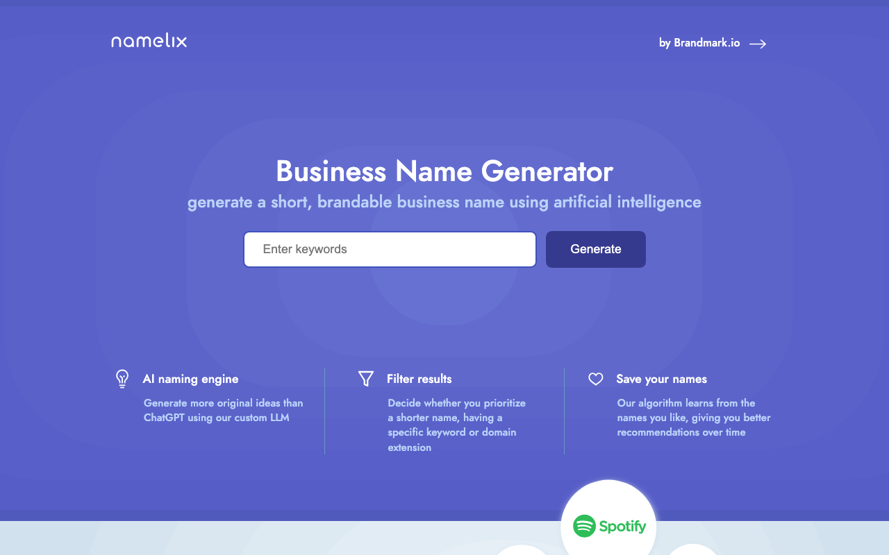 Главная страница Namelix с заголовком Business Name Generator и полем Enter keywords