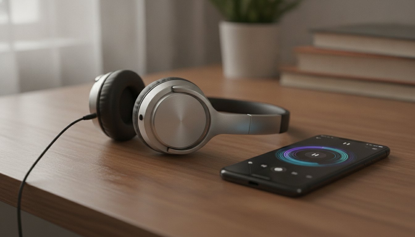 Наушники и смартфон на столе рядом с приложением для обработки звука
