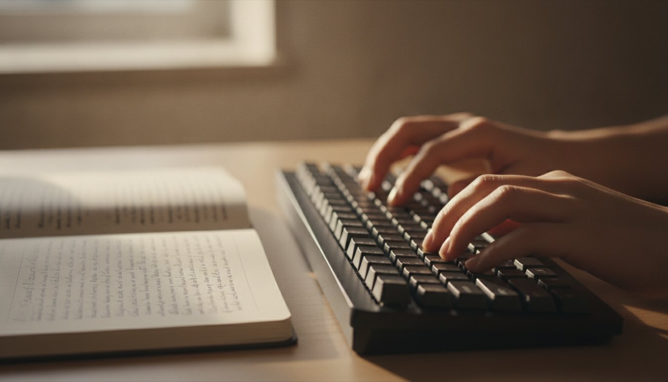 Руки набирают текст на клавиатуре рядом с блокнотом