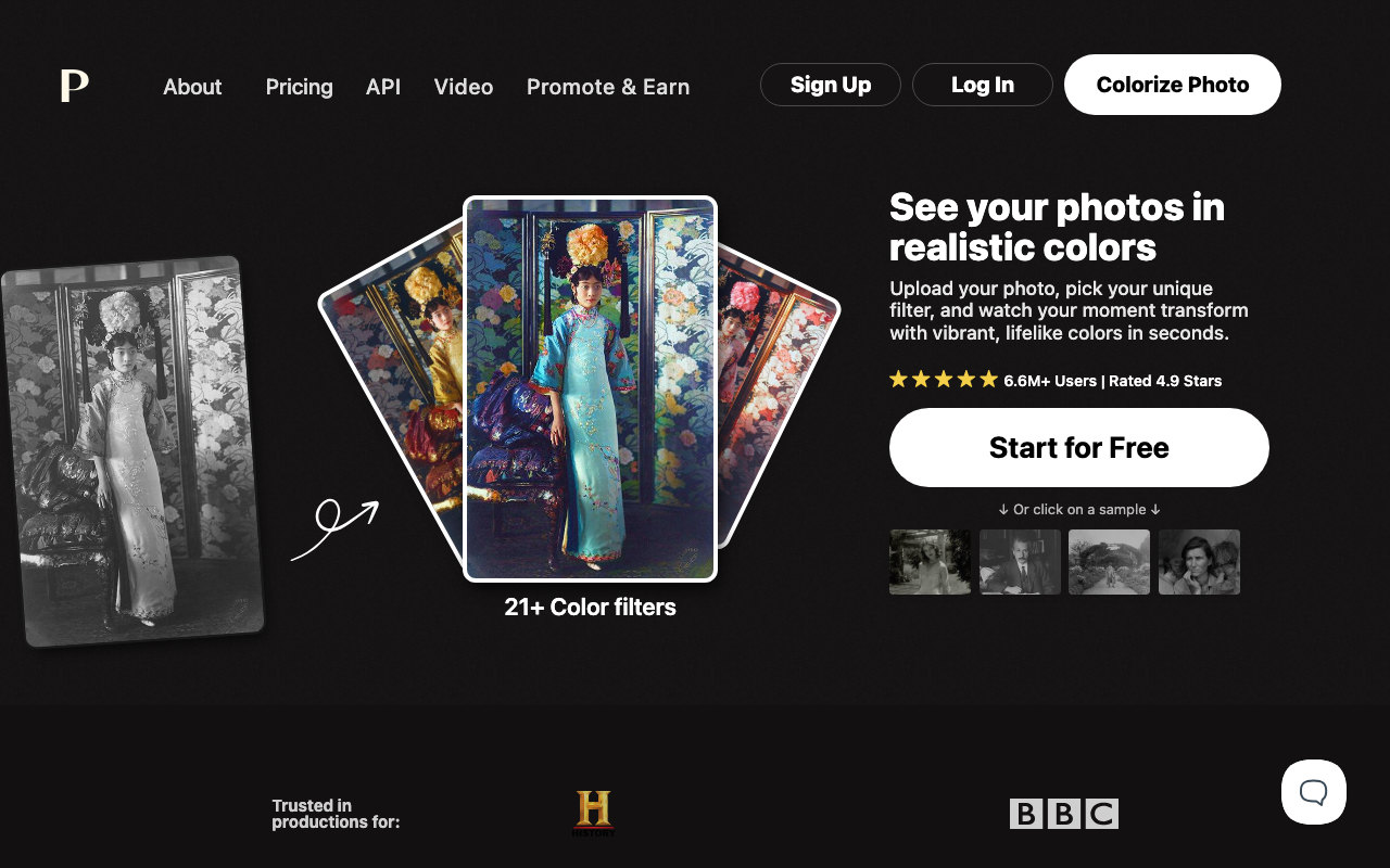 Скриншот сервиса Palette — галерея примеров раскрашенных фотографий и более 21 цветового фильтра
