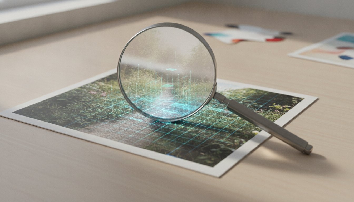 Увеличительное стекло над фотографией, переходящей в цифровую сетку