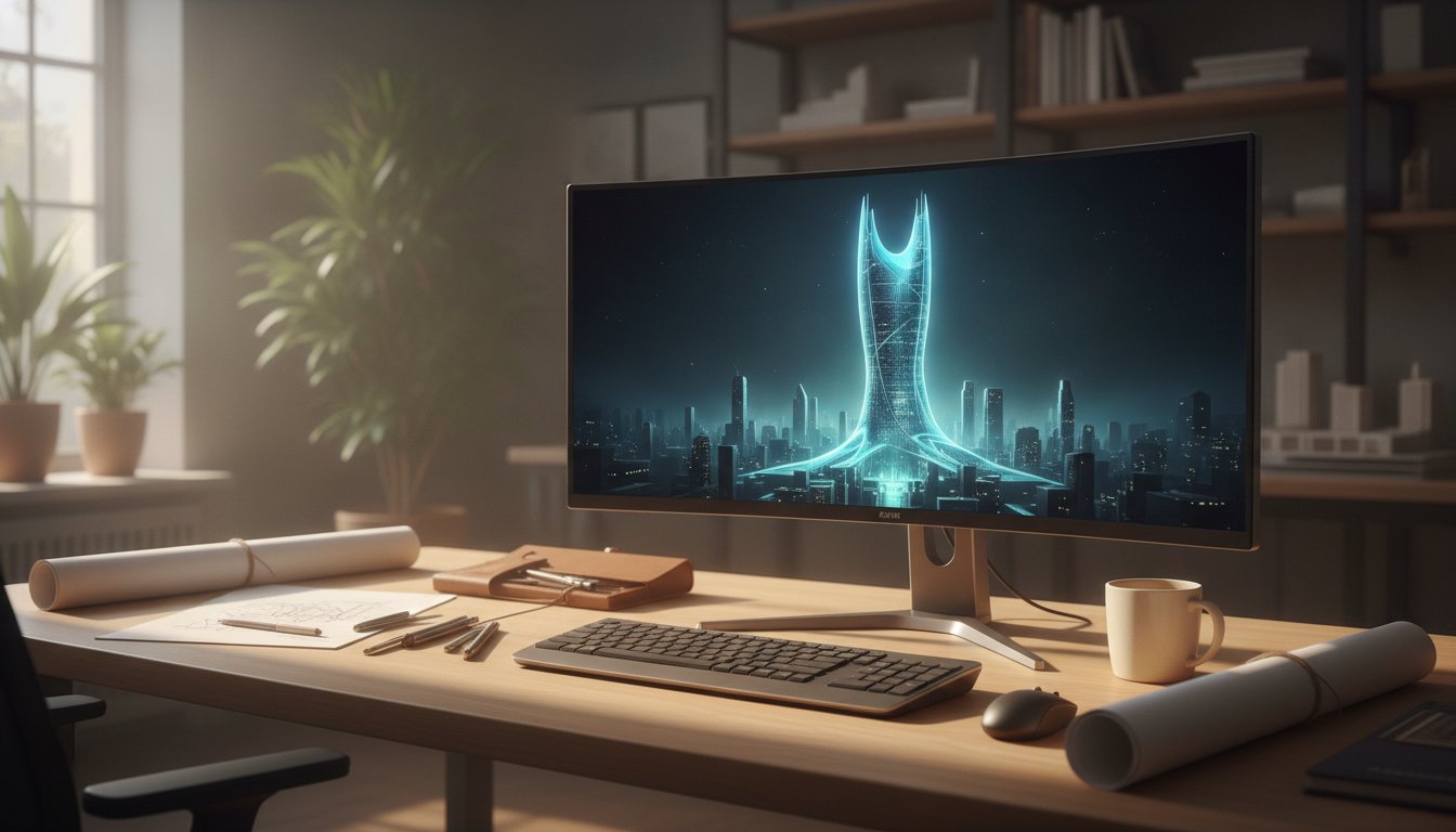 Архитектурный 3D-рендер здания на экране монитора