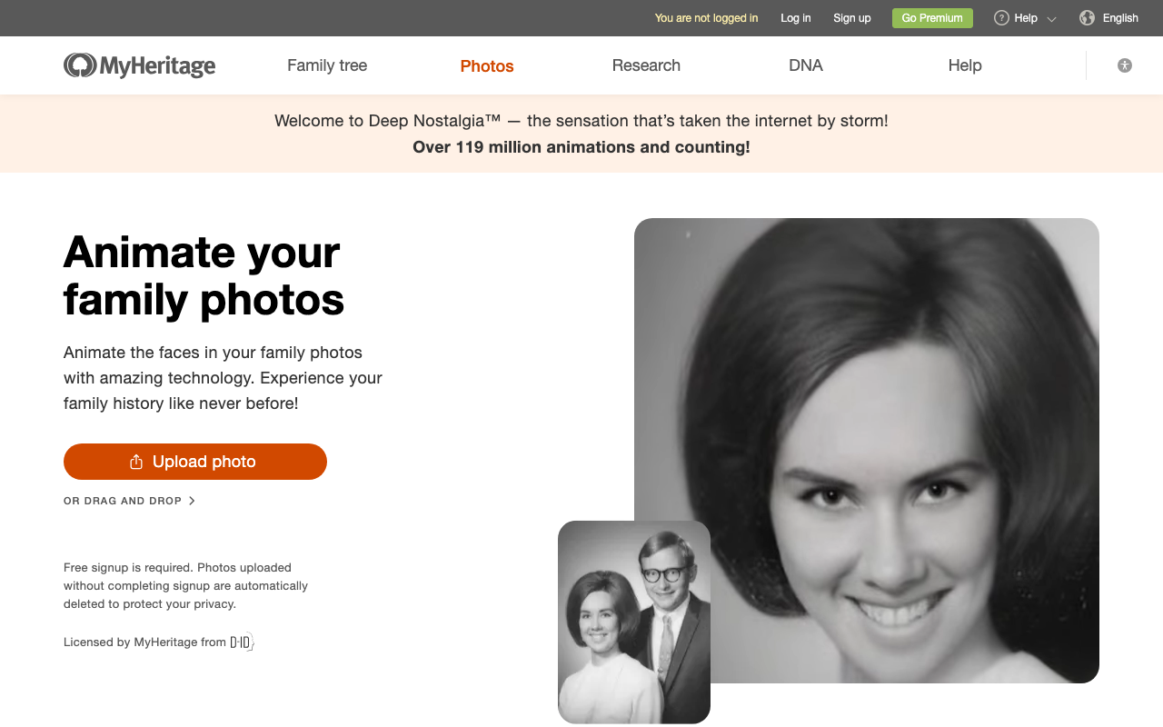 Скриншот сервиса Deep Nostalgia от MyHeritage — анимация лица на старом семейном фото