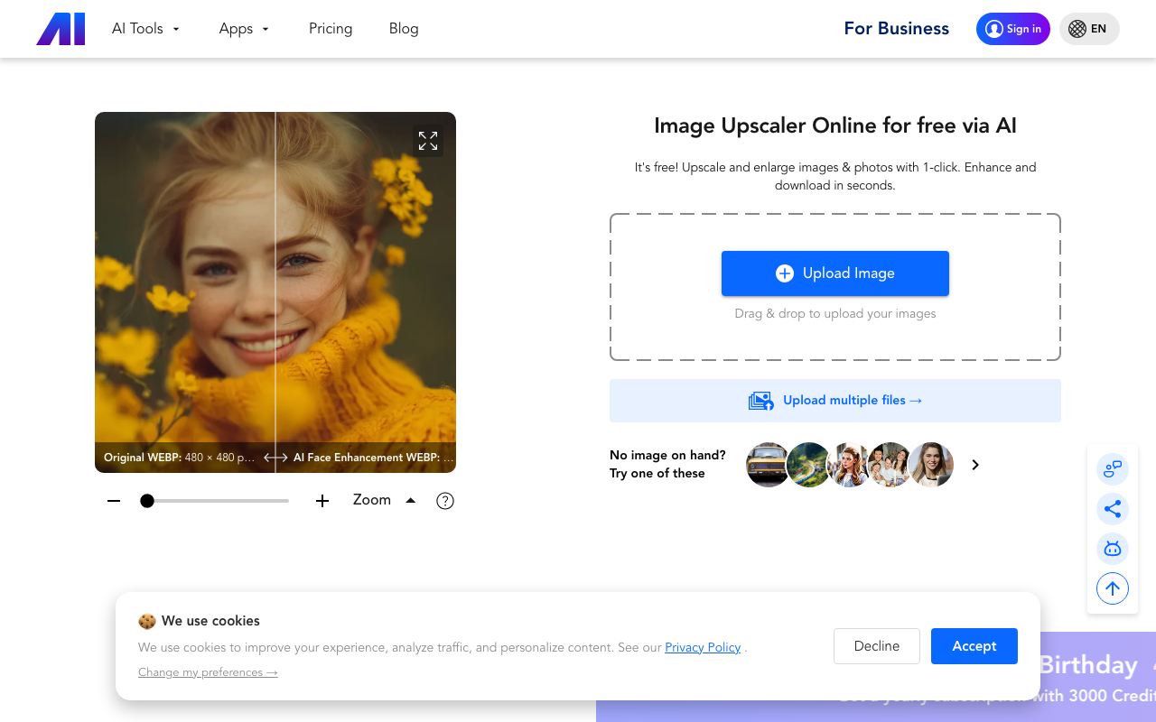 Скриншот интерфейса Nero AI Image Upscaler — сравнение оригинального и улучшенного фото со шкалой масштабирования
