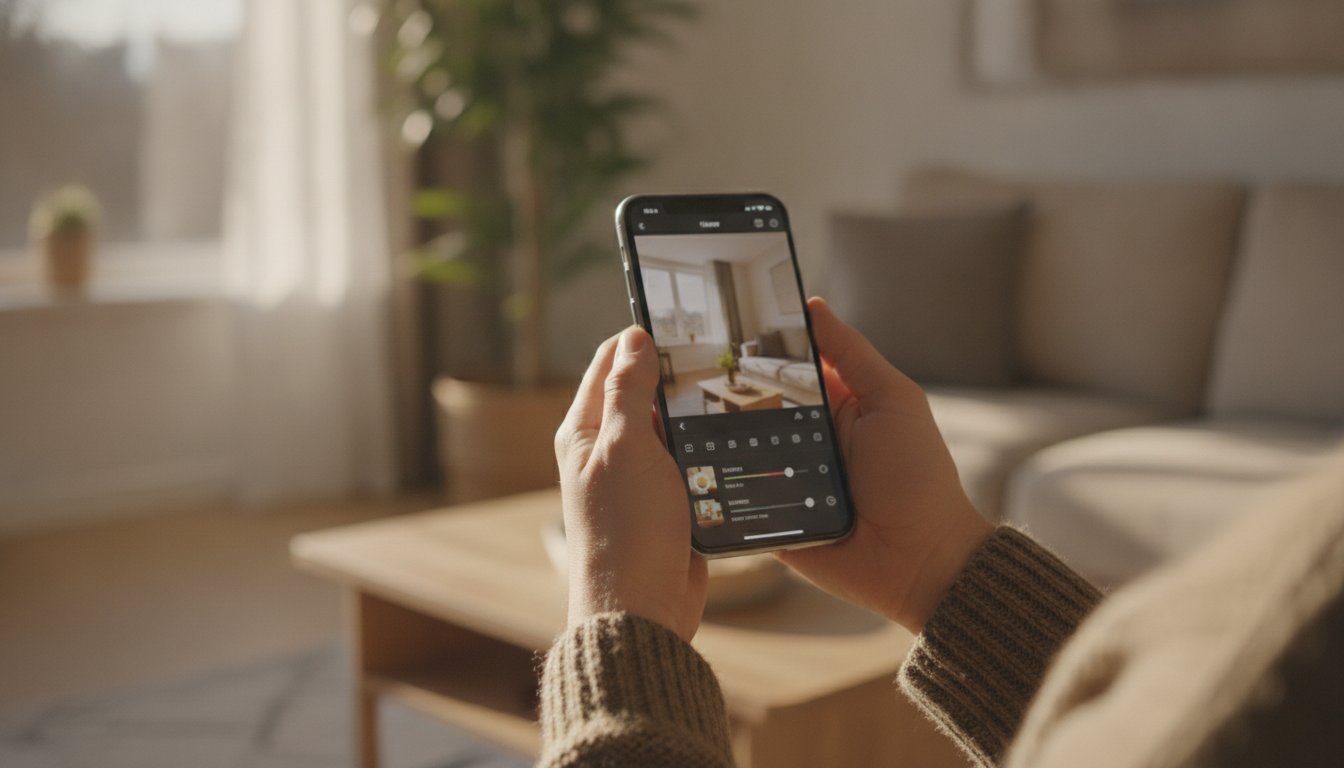 Смартфон с фотографией комнаты в приложении для дизайна интерьера