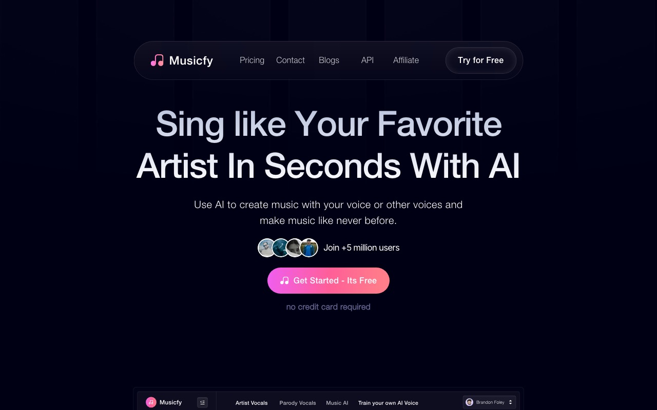 Скриншот главной страницы Musicfy — сервиса для нейросетевых каверов и клонирования голоса