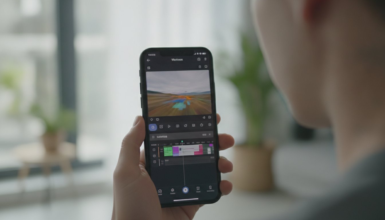 Человек держит смартфон с приложением для монтажа видео, на экране видна таймлиния с дорожкой субтитров