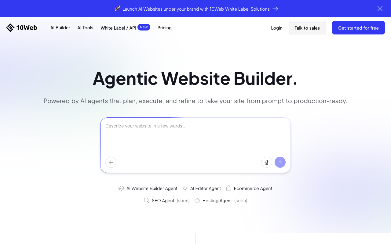Скриншот главной страницы 10Web с полем для описания будущего сайта на WordPress