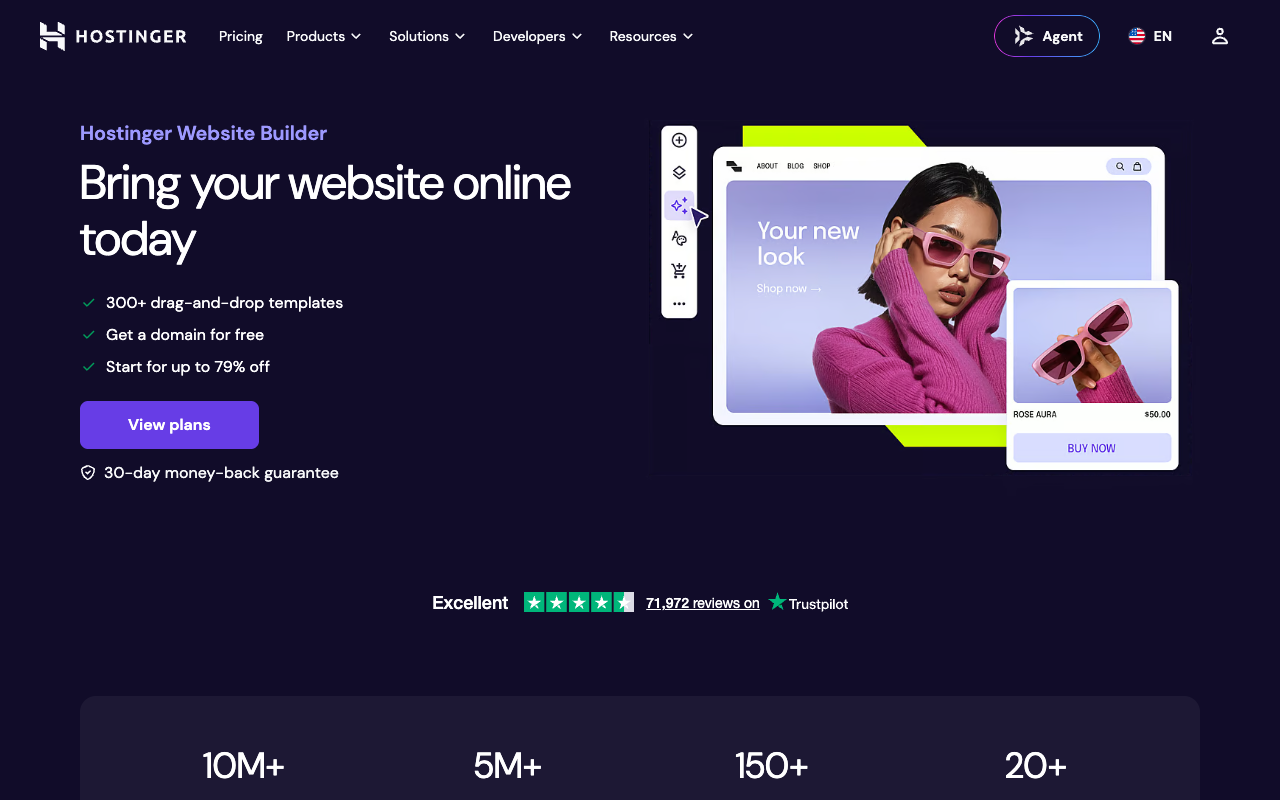 Скриншот главной страницы Hostinger AI Website Builder с шаблонами и предложением тарифов