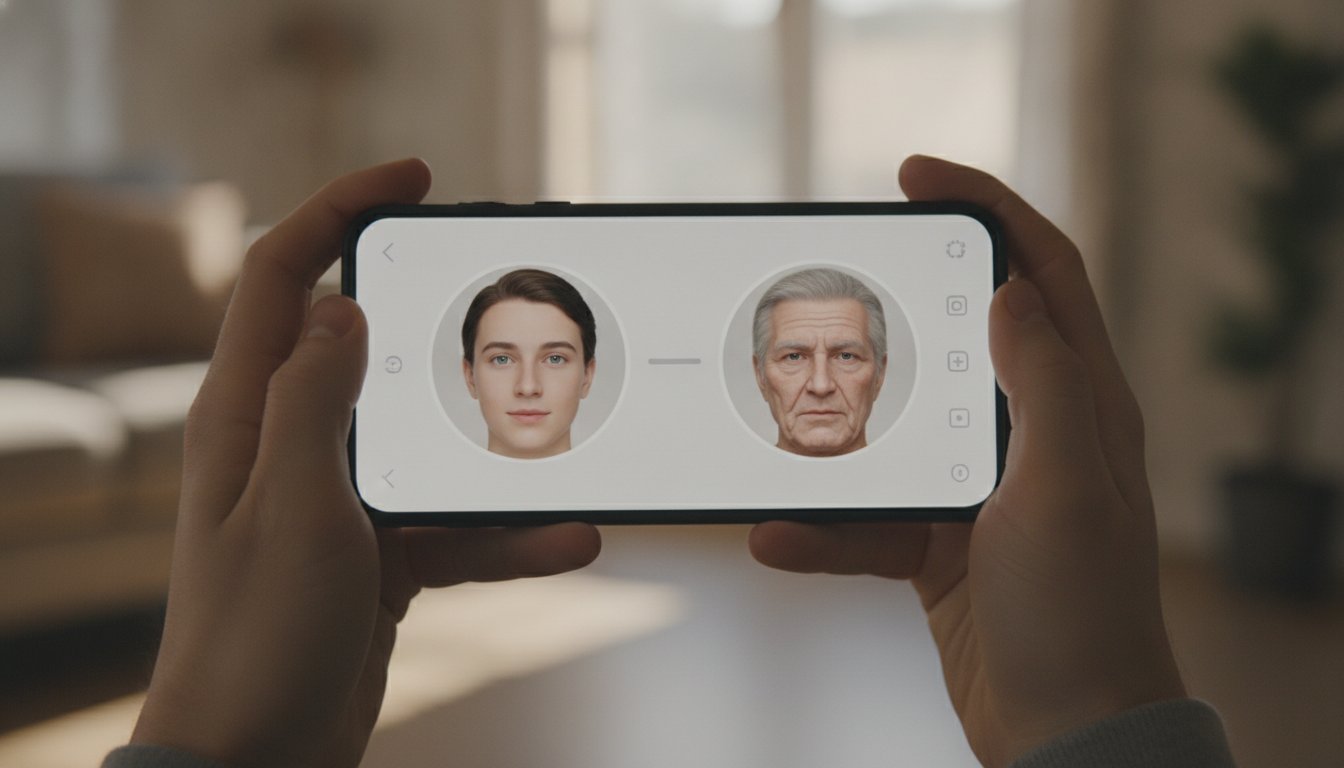 Сравнение молодого и состаренного нейросетью лица на экране смартфона
