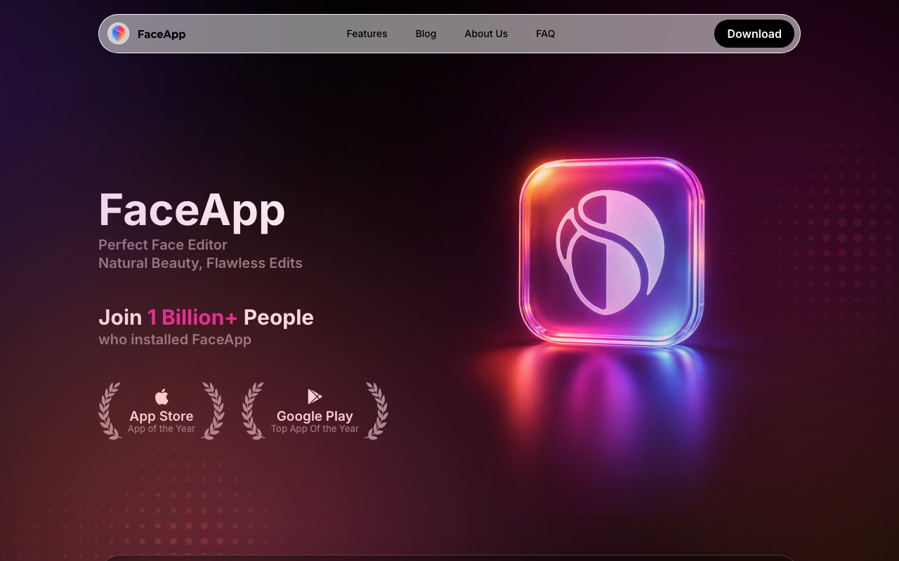 Скриншот главной страницы FaceApp — приложения для редактирования лица с эффектами старения