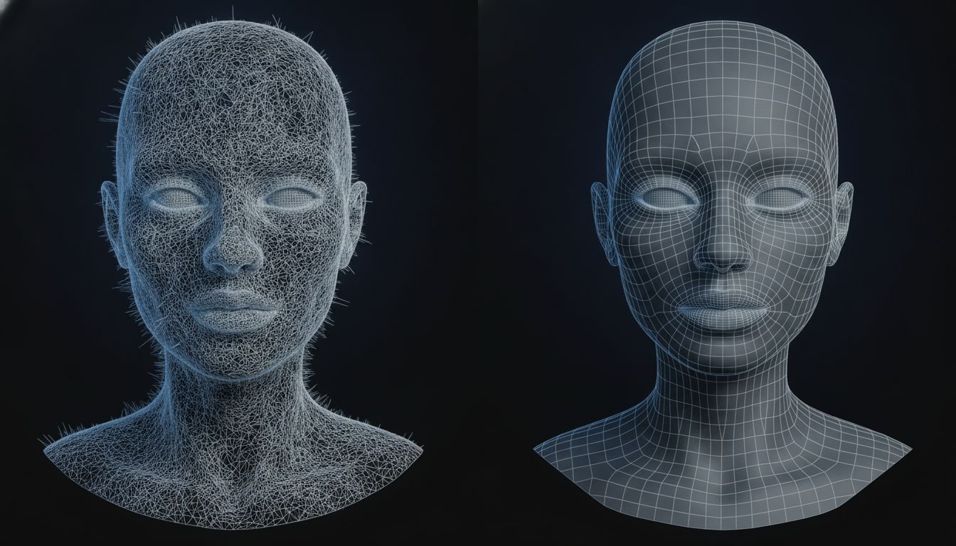 Сравнение двух 3D-моделей головы: слева плотная хаотичная сетка сразу после генерации, справа аккуратная сетка из четырёхугольных полигонов после ретопологии