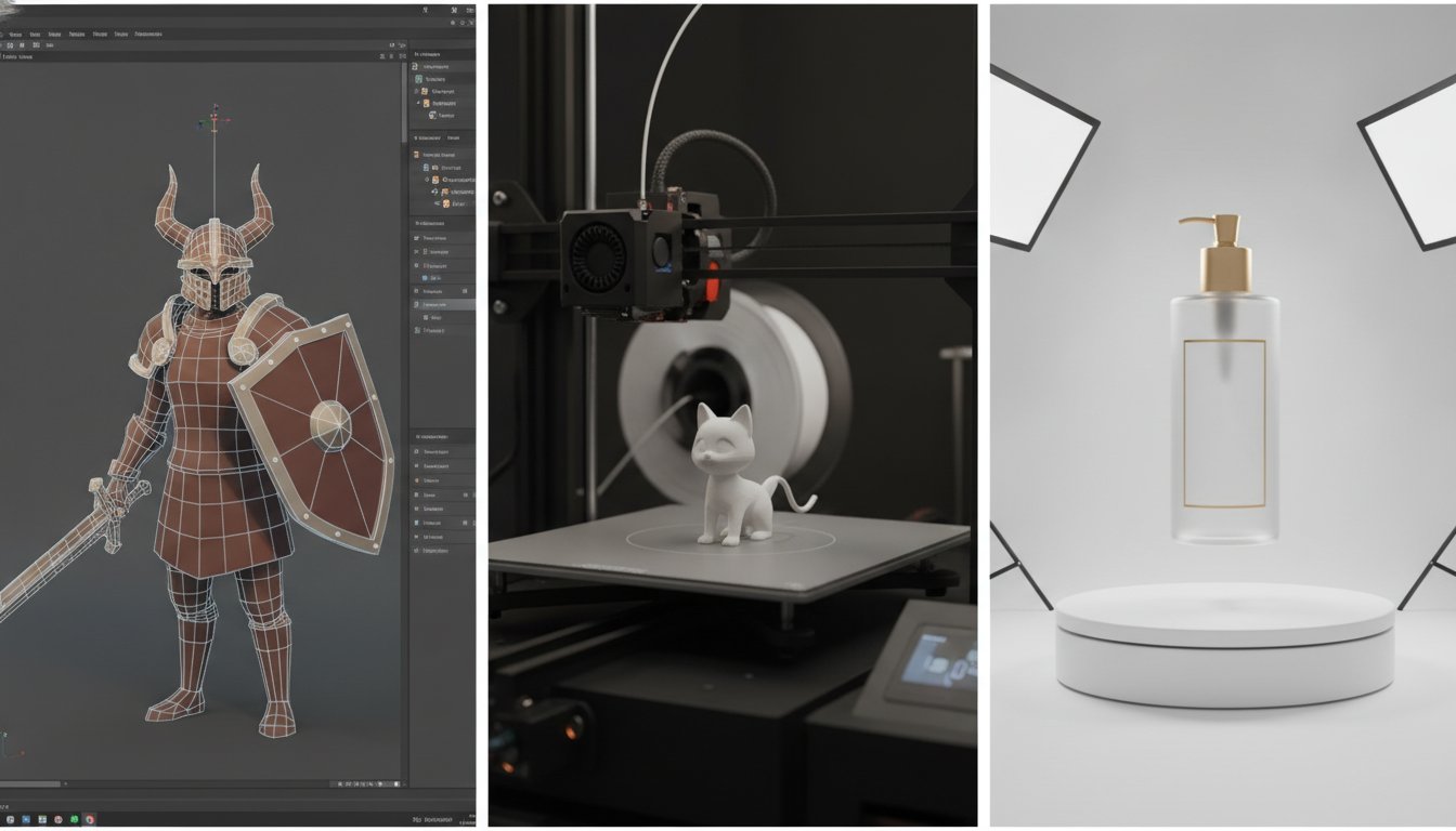Три сценария использования 3D-генерации: игровой персонаж с полигональной сеткой, фигурка на 3D-принтере, товарный рендер флакона для маркетплейса