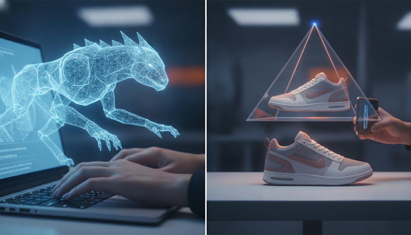 Слева нейросеть достраивает 3D-модель из текстового промпта на экране ноутбука, справа смартфон сканирует кроссовок и строит его 3D-двойник