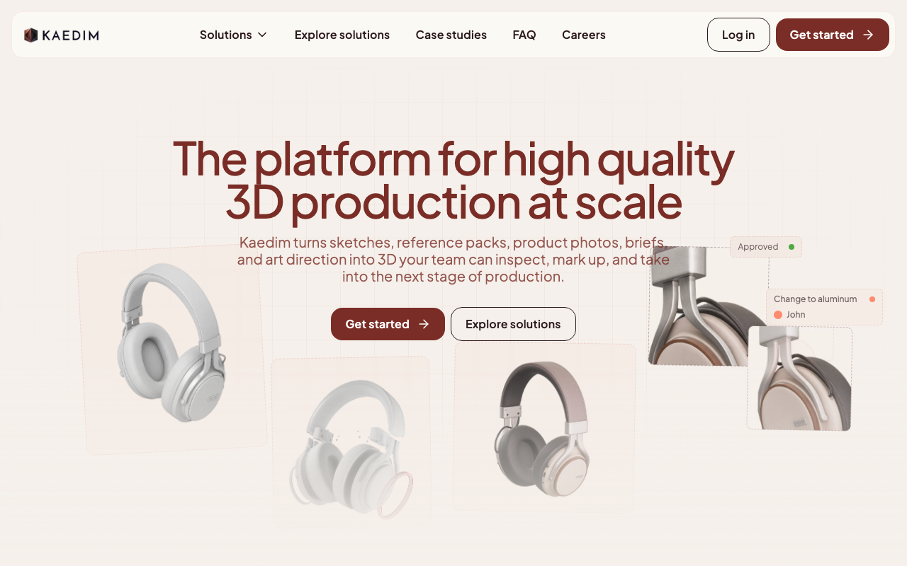 Главная страница Kaedim с заголовком The platform for high quality 3D production at scale и примерами 3D-моделей наушников