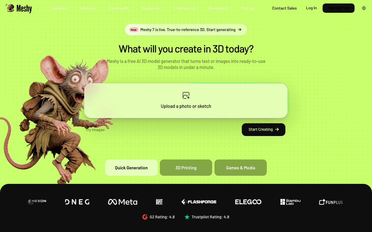 Интерфейс Meshy AI со строкой загрузки фото или эскиза и вкладками Quick Generation, 3D Printing, Games & Media