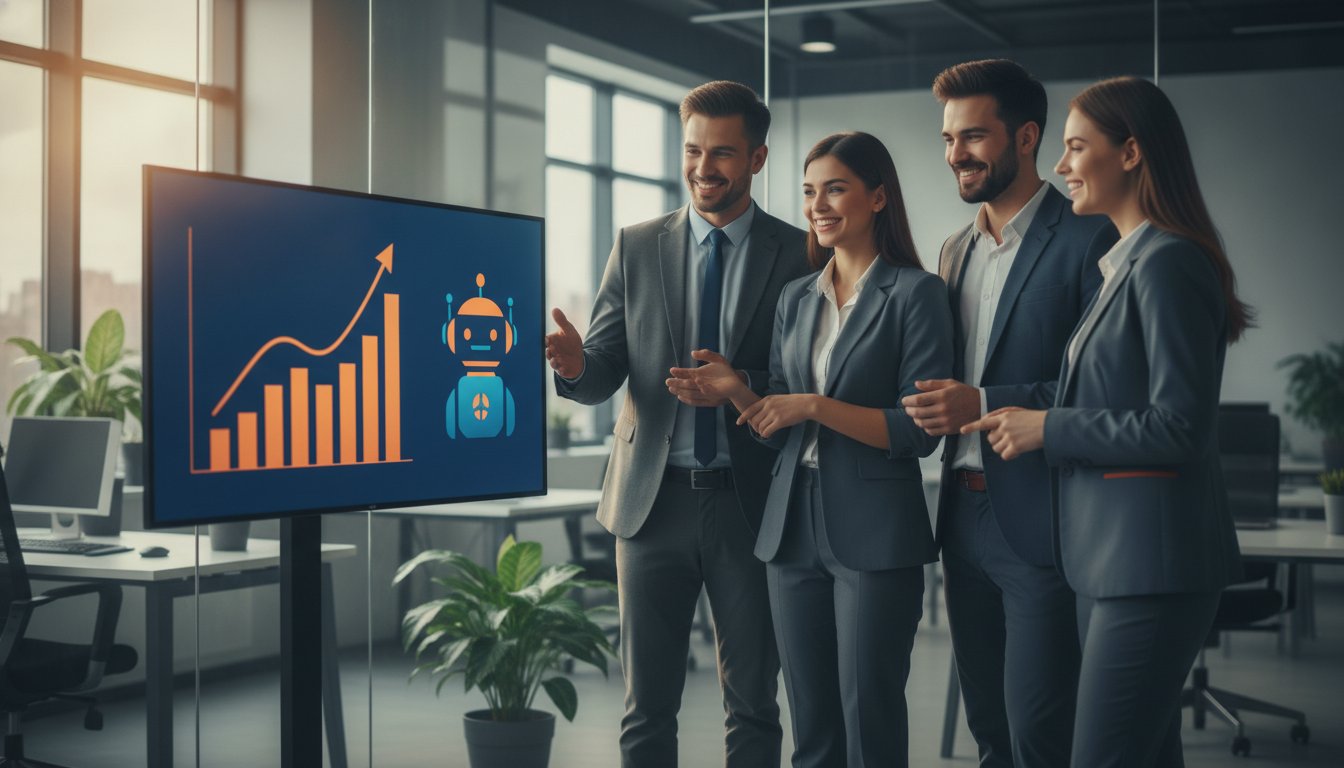 Иллюстрация: команда сотрудников обсуждает рост показателей после запуска чат-бота