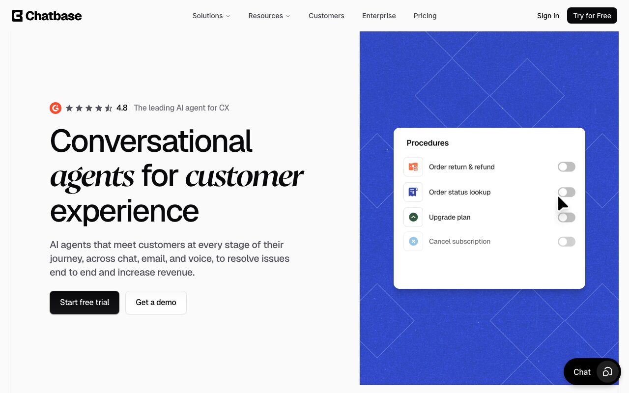 Главная страница Chatbase — платформы для создания бота из базы знаний