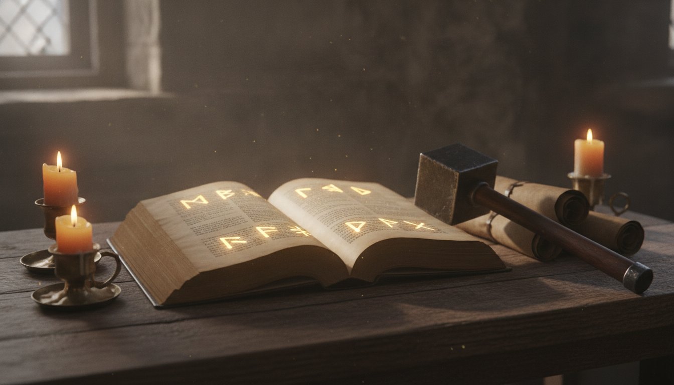 Открытая книга с рунами и кирка на деревянном столе