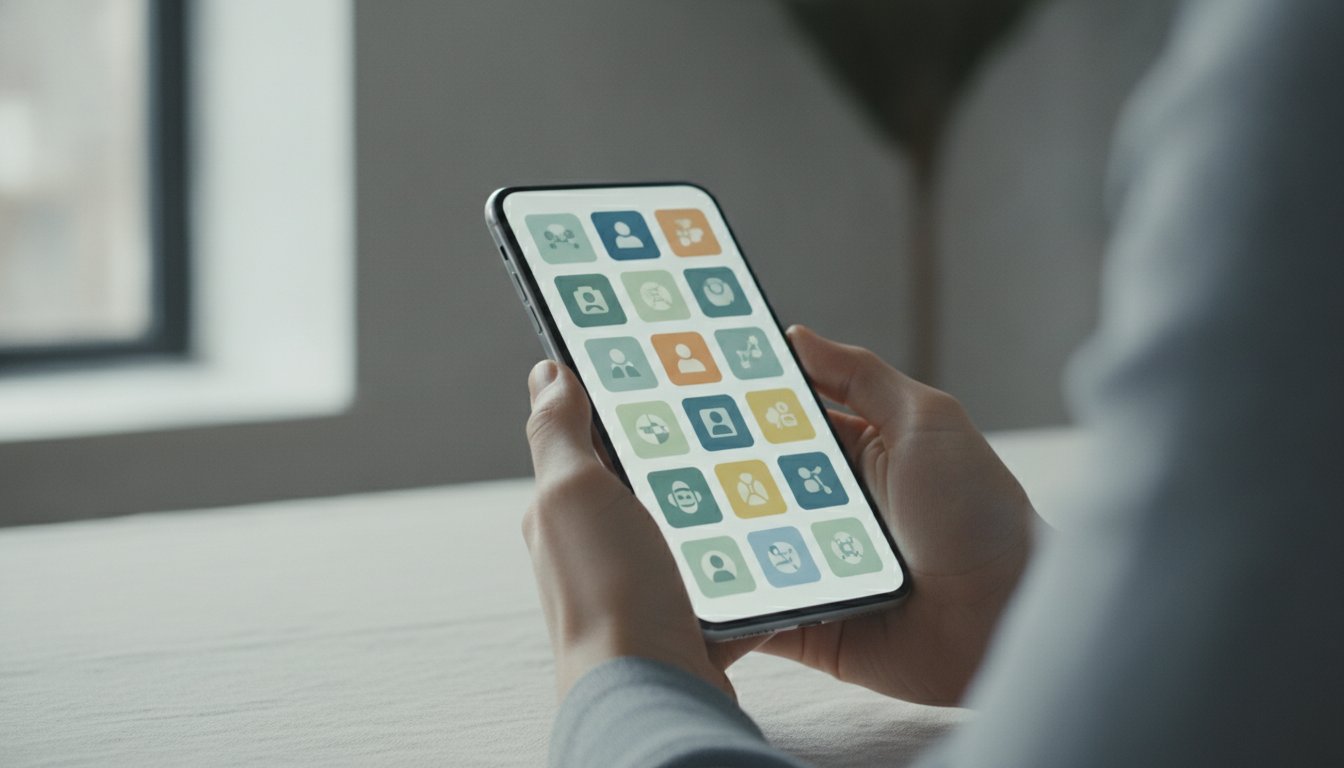 Экран смартфона с сеткой абстрактных иконок профиля