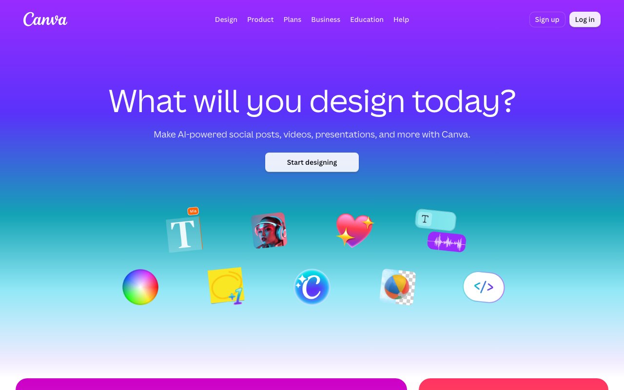 Скриншот главной страницы Canva с заголовком «What will you design today?»