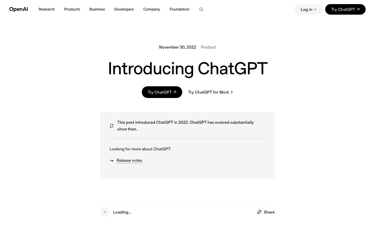 Скриншот страницы OpenAI «Introducing ChatGPT» с кнопками Try ChatGPT и Try ChatGPT for Work