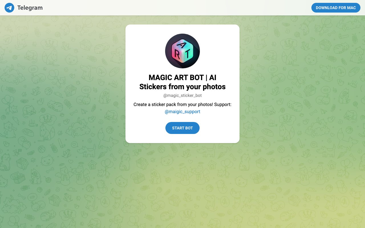 Скриншот превью телеграм-бота Magic Art Bot с описанием «Create a sticker pack from your photos!»