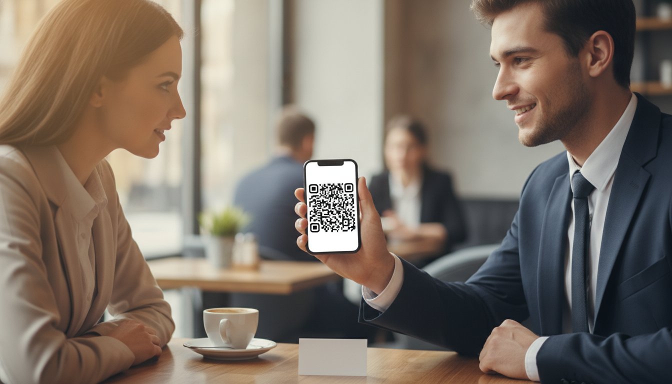 Мужчина в деловом костюме показывает смартфон с QR-кодом собеседнице в кафе
