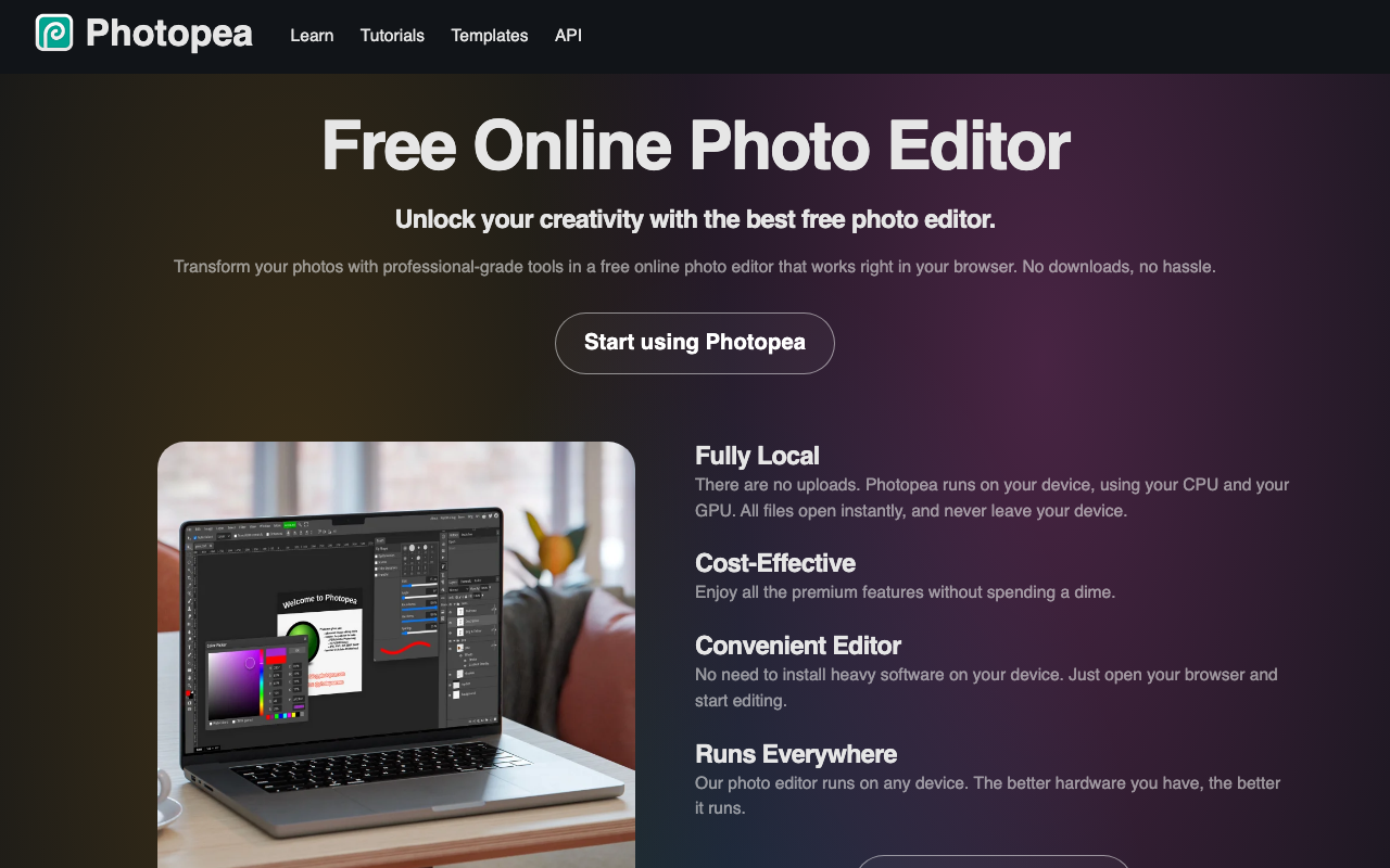 Онлайн-редактор Photopea с инструментами, похожими на Photoshop, для ручного удаления объектов — скриншот редакции NeuroFolder