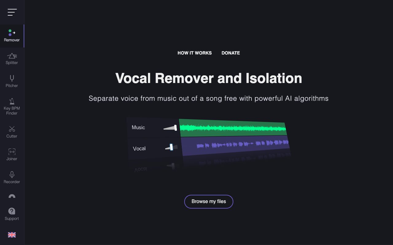 Интерфейс VocalRemover.org с разделением трека на дорожки Music и Vocal