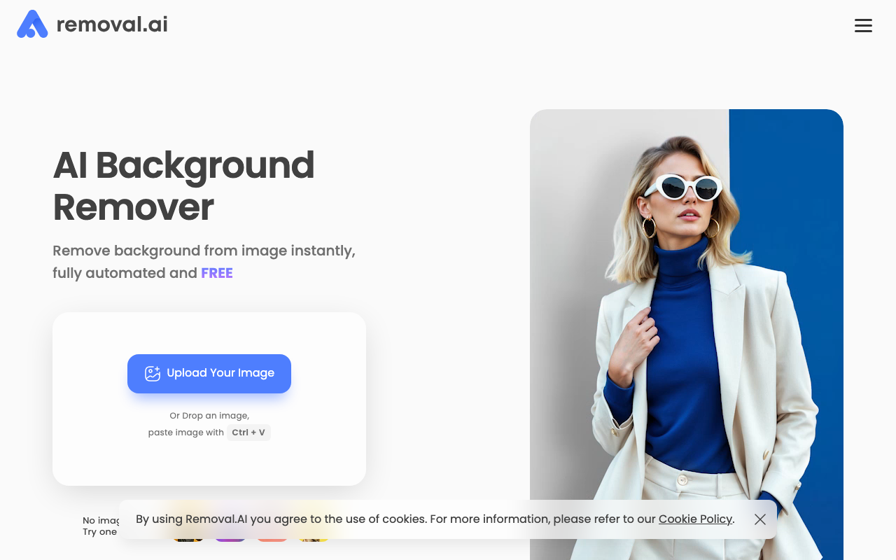 Интерфейс Removal AI с примером фото модели после удаления фона