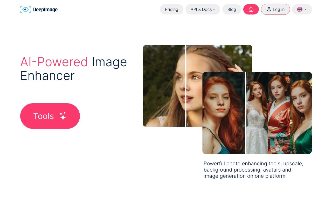 Главная страница Deep-Image с заголовком AI-Powered Image Enhancer и примером сравнения до и после