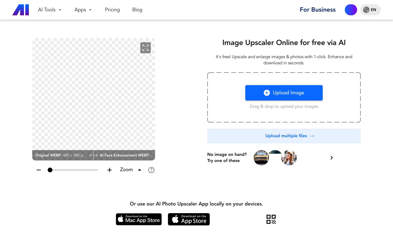 Интерфейс Nero AI Image Upscaler Online с загруженным фото и опциями зума