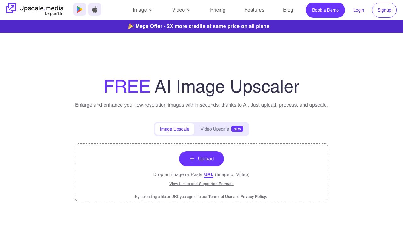 Главная страница Upscale.media с заголовком FREE AI Image Upscaler и кнопкой Upload