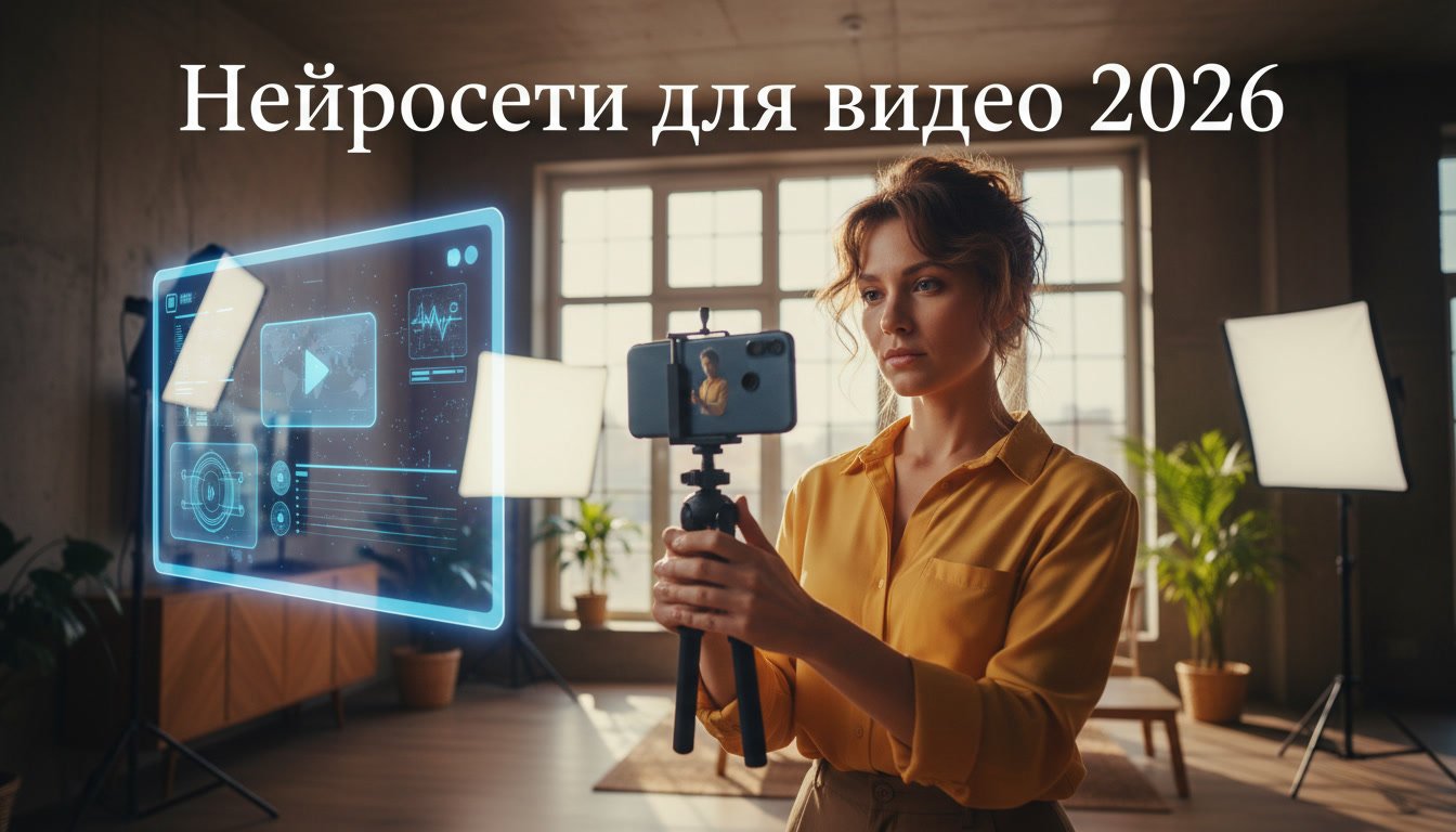 Обложка статьи «Нейросети для видео 2026: генерация, озвучка и аватары-дикторы»